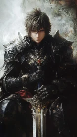 Stoic dark knight resting in ornate armor and quiet light.