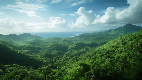 Lush tropical mountain panorama in balanced aerial perspective.