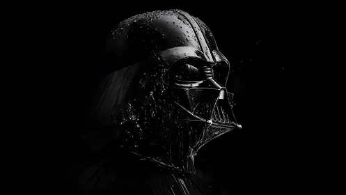 Dark armored helmet portrait rendered with wet reflective surface