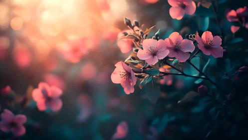 Pink Flowers in Warm Backlit Garden Setting.