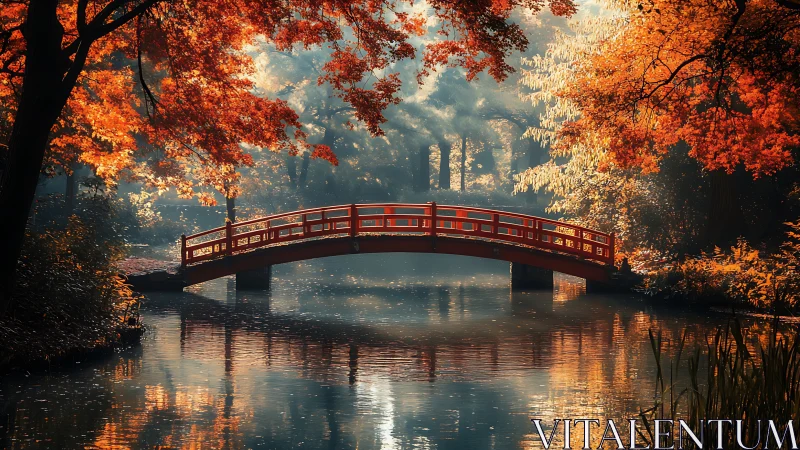 Autumn garden bridge over still reflective pond at sunrise.