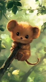 Small fluffy mouse clings to branch in soft green light.