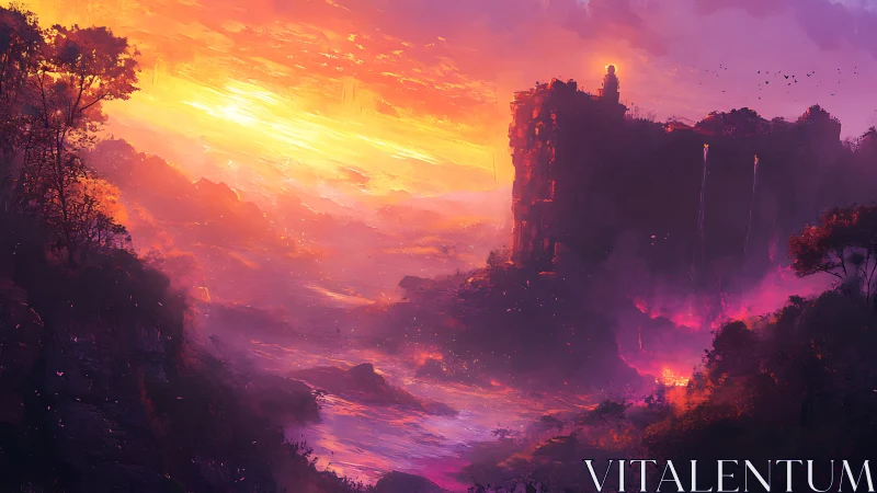 Radiant fantasy coastline renders fortress silhouette in flame