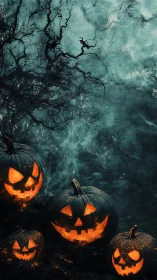 Glowing jack o&rsquo;lantern friends share a moody Halloween night