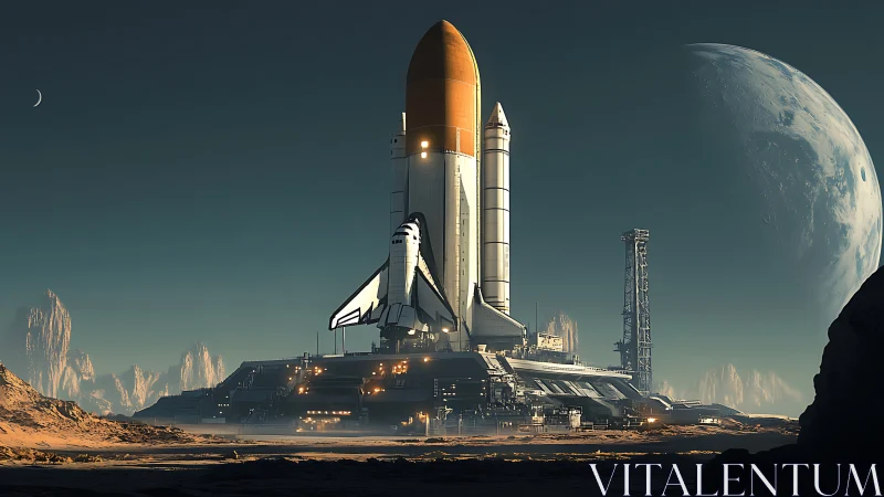 Moonlit shuttle poised for launch on a distant frontier.