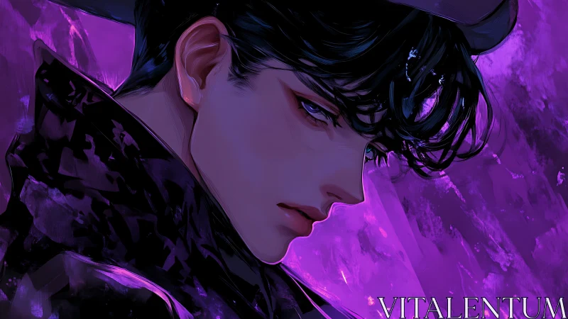 Brooding anime man in purple neon painterly lighting.