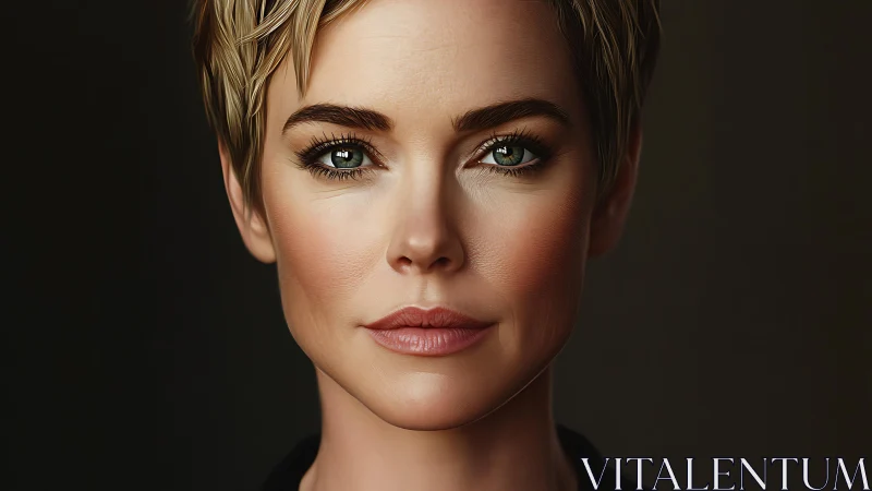 Striking short-haired woman rendered in lifelike digital detail.