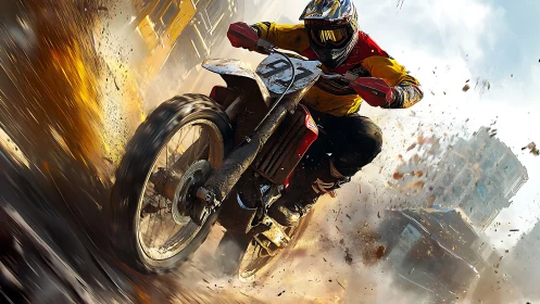 Kinetically skewed motocross rider in urban debris spray.