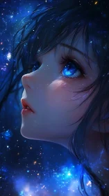 Starlit girl gazes upward with galaxies glowing in her eyes