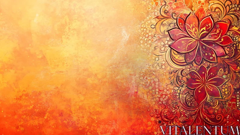 Crimson lotus blooms ignite ornate golden abstract field.