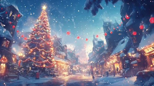 Cozy winter street glowing with a magical Christmas tree.