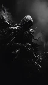 Hooded spectral figure rendered in high-contrast digital chiaroscuro