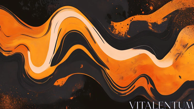 Orange and black fluid waveforms curve across dark canvas