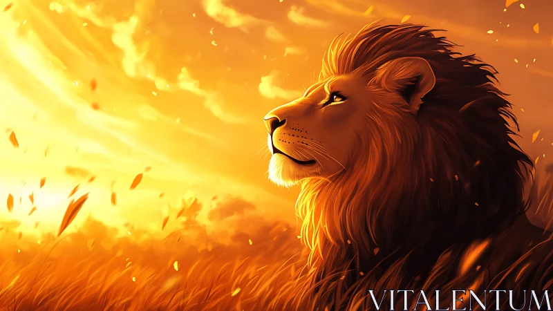 Lion profile in orange sunset field with drifting foliage.