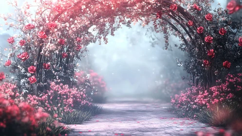 Dreamy rose garden archway inviting a quiet wanderer.