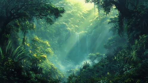 Dense tropical rainforest canopy with volumetric light rays through mist