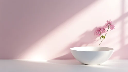 Minimalist ceramic bowl with orchid under diagonal daylight.