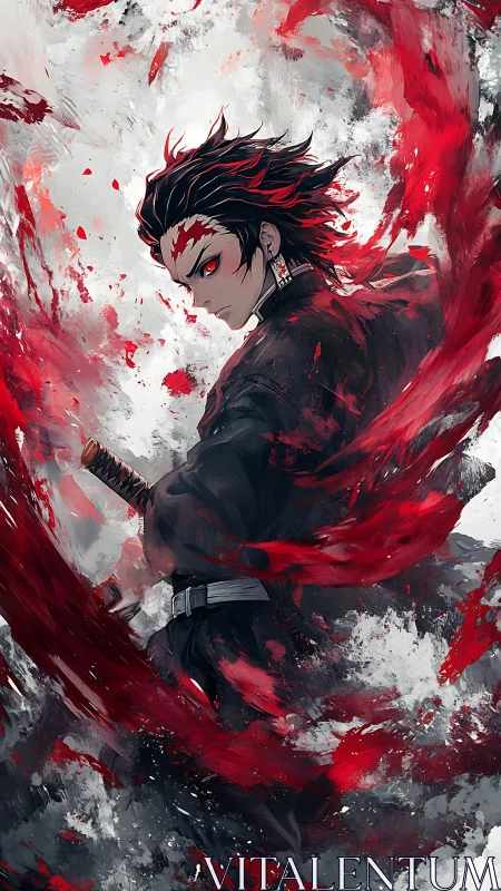 Sword‑wielding figure stands amid red and gray energy swirls