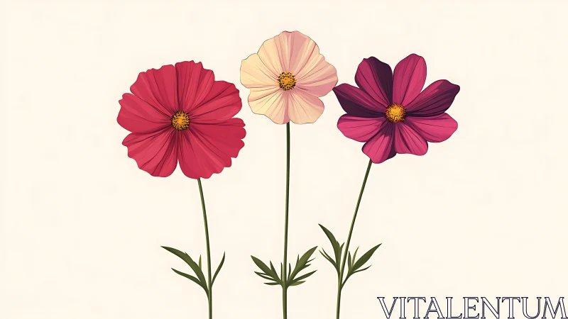 Three Cosmos Flowers in Vibrant Pink and Blush Tones. Contemporary Botanical Illustration.