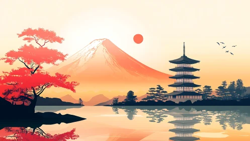 Gentle sunrise embraces Mount Fuji, lake reflections, and pagoda