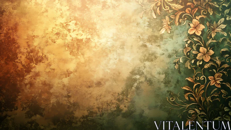 Aged floral fresco gradient with baroque metallic flourishes.