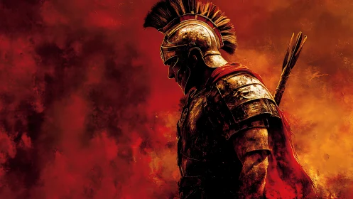 Militarized profile of Roman legionary in incendiary chroma field.