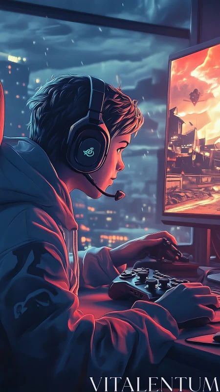 Neon-lit gamer at workstation in immersive digital battleground.