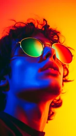 Neon lit daydreamer in rainbow sunglasses and bold color glow.