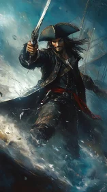 Pirate captain charges through storm with raised cutlass.