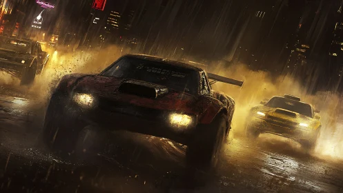 Night rain turns muscle cars into blazing street comets