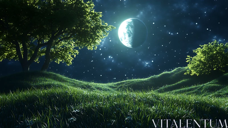 Moonlit alien meadow glows under dense starry sky
