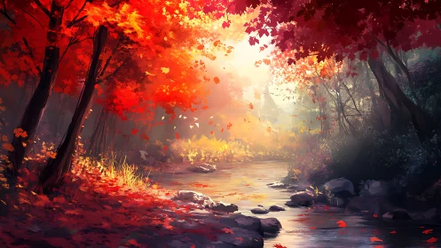 Autumn's Radiant Symphony by the Stream.