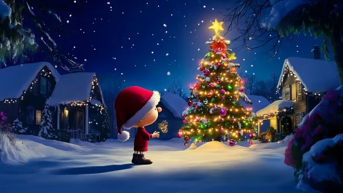 Child in santa hat observing glowing outdoor Christmas tree.