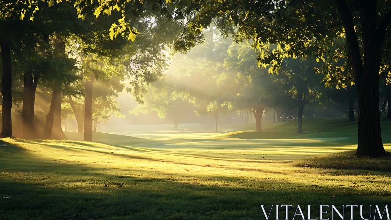 Low-angled sunrise casts volumetric rays across forest lawn