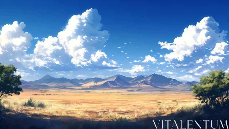 Semi-arid plain with distant mountain range under cumulus clouds.