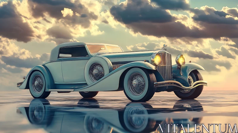 Vintage teal coupe glows over mirrored sunset horizon.