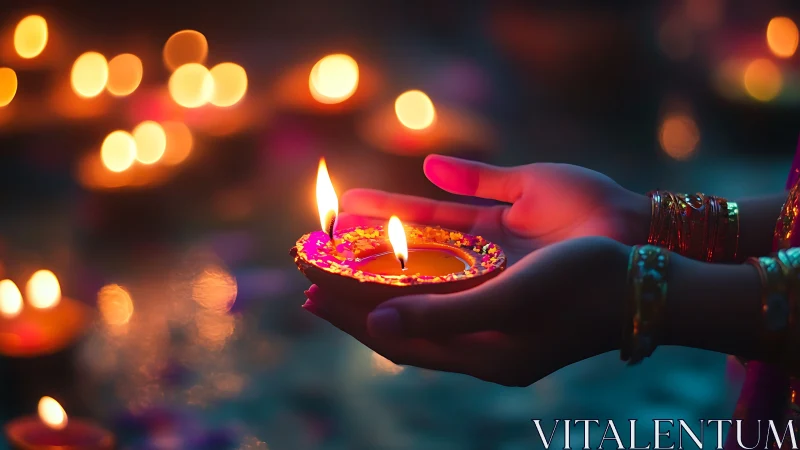Ceremonial diya in cupped hands under warm bokeh lights.