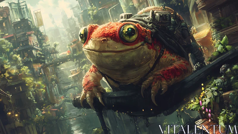 Cybernetic toad overlooking vertical jungle megacity.