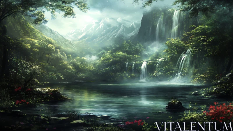 Mountain basin with waterfalls, forest canopy, and still lake.