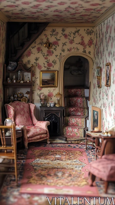 Victorian floral parlor interior with stairwell perspective.