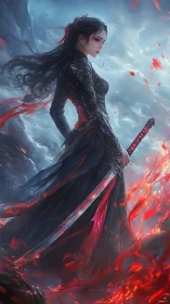 Dark swordswoman stands amid embers in dynamic fantasy mist