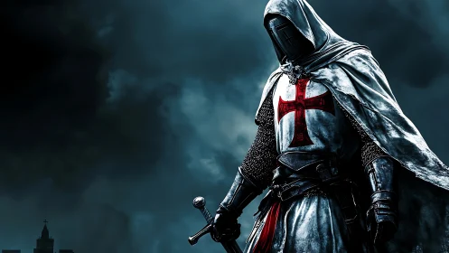 Stormlit crusader pauses, weighing steel against the night