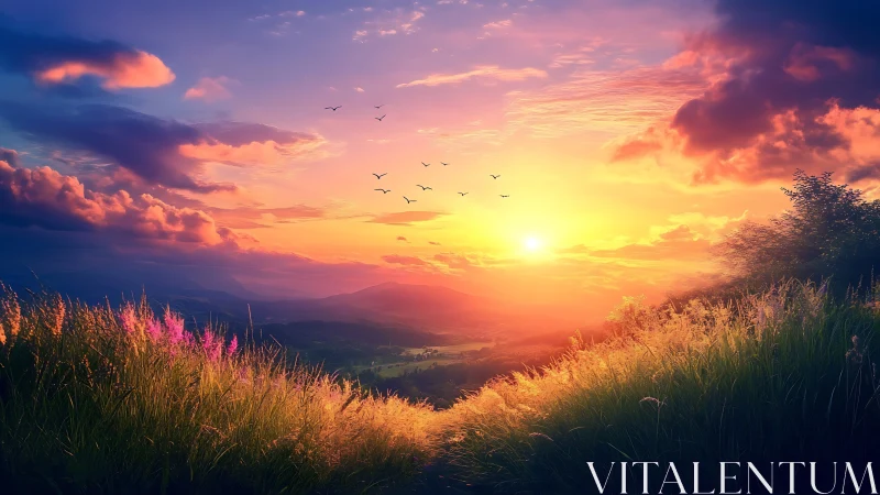 Golden valley sunset glowing over peaceful summer hills.