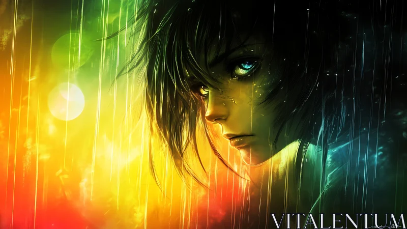 Chromatic rain portrait isolates a luminous, melancholic gaze