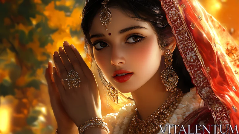 Digital portrait shows richly adorned woman in side lighting