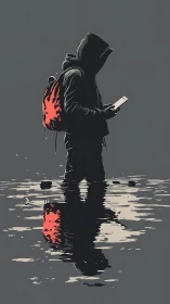 Hooded wanderer scrolling through rain-slick neon silence.