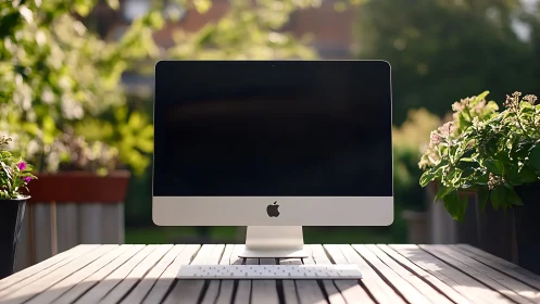 Garden office daydream with minimalist desktop sentinel.