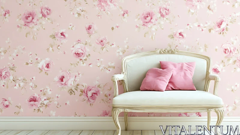 Pastel floral wall décor with vintage loveseat composition.