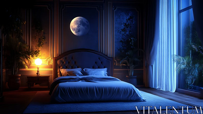 Moonlit luxury bedroom glows with calm, cinematic elegance