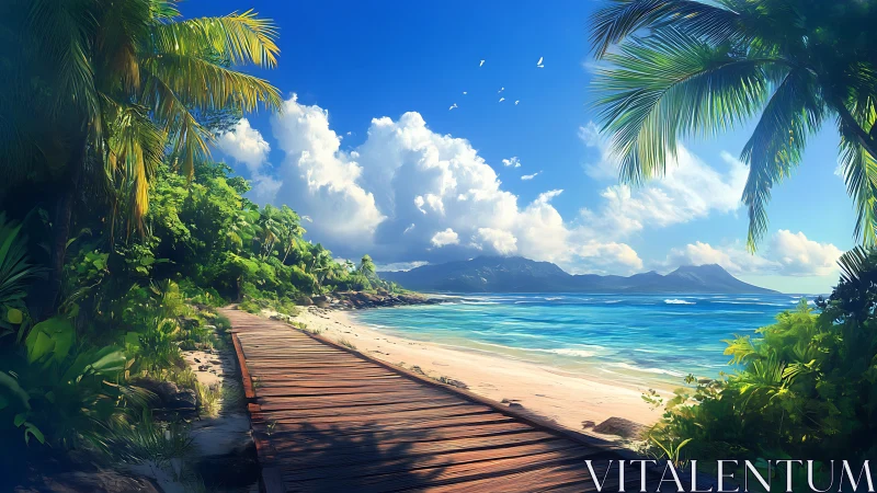 Tropical Beach Boardwalk with Mountain View